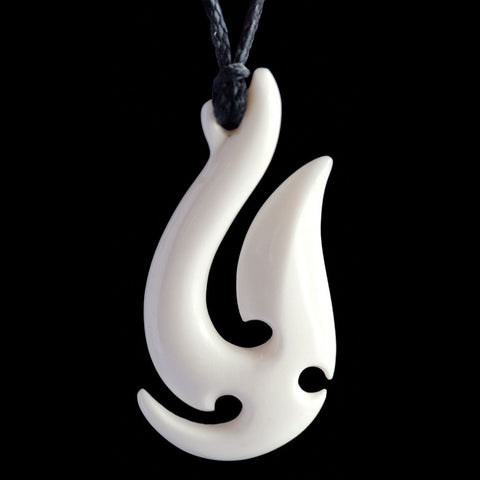 Cow Bone Fish Hook Necklace w/Black Enamel Carving Black Cord 25x42mm