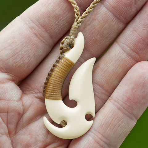 40x60mm Koa Wood/Cow Bone Fish Hook Necklace with Carving Brown Cord